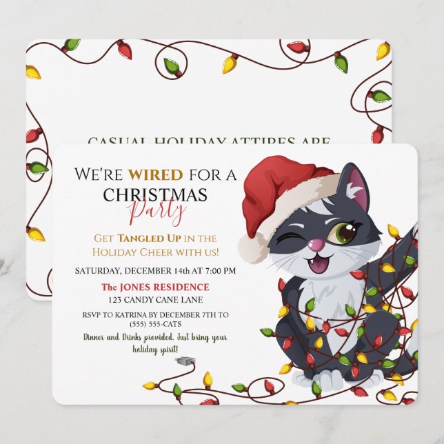 Cute Cat Tangled in String Lights Christmas Party Invitation (Front/Back)