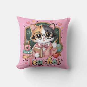 Cute Cat Teacher pink Throw Pillows