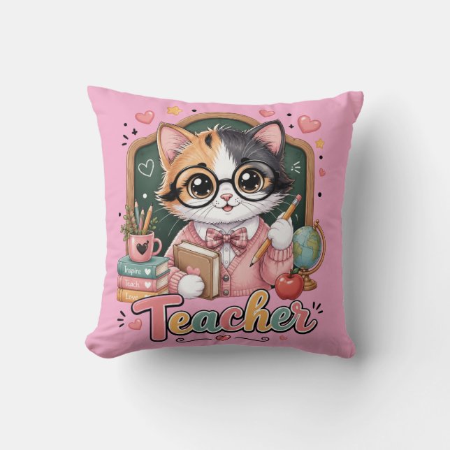 Cute Cat Teacher  pink Throw Pillows (Front)
