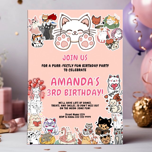 Cute Cat Theme Birthday Party Invitation (Creator Uploaded)