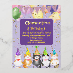 Cute Cat-Themed Kids Purple Birthday Party Foil In Invitation Postcard