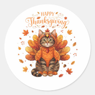 Cute Cat Turkey Happy Thanksgiving Fall Meow Cat  Classic Round Sticker
