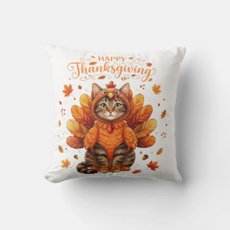 Cute Cat Turkey Happy Thanksgiving Fall Meow Cat  Cushion