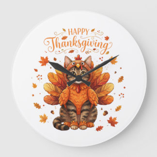 Cute Cat Turkey Happy Thanksgiving Fall Meow Cat  Large Clock