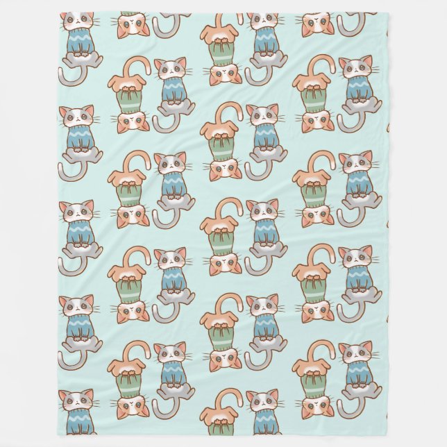 Cute Cat Twins in Sweaters Grey and Orange Kitty  Fleece Blanket (Front)
