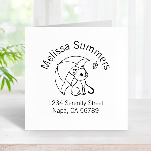 Cute Cat Umbrella Leaf Arch Address Rubber Stamp (Creator Uploaded)