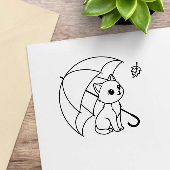 Cute Cat Umbrella Leaf Rubber Stamp (Creator Uploaded)