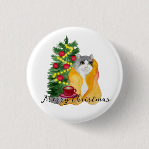 Cute cat under a cosy blanket with a cup of tea 3 cm round badge