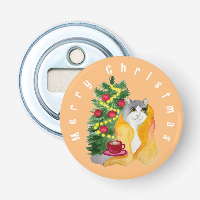 Cute cat under a cosy blanket with a cup of tea bottle opener (Front)