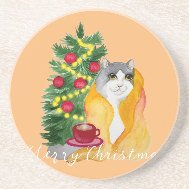 Cute cat under a cosy blanket with a cup of tea coaster (Front)