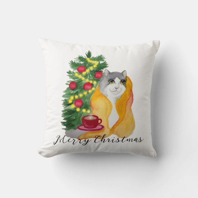 Cute cat under a cosy blanket with a cup of tea cushion (Front)