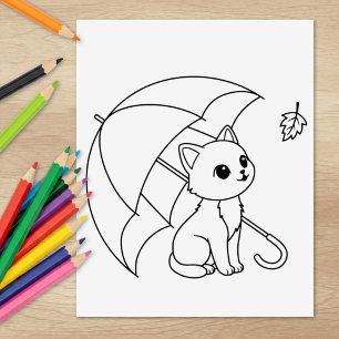 Cute Cat under Umbrella Colouring Page Rubber Stamp