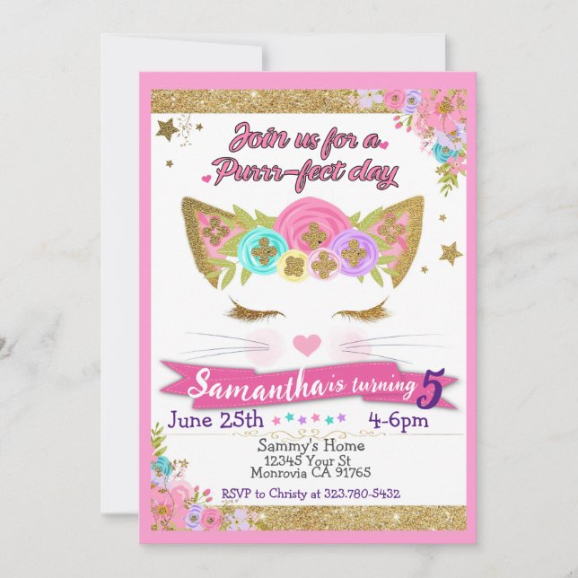 Cute Cat Unicorn birthday party invitation (Front)