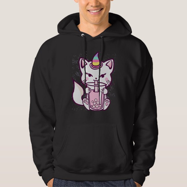 Cute Cat Unicorn Drinking Bubble Tea Design Hoodie (Front)