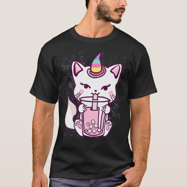 Cute Cat Unicorn Drinking Bubble Tea Design T-Shirt (Front)