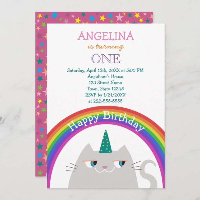 Cute Cat Unicorn Girl 1st Birthday Invitation (Front/Back)