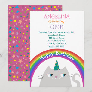 Cute Cat Unicorn Girl 1st Birthday Invitation