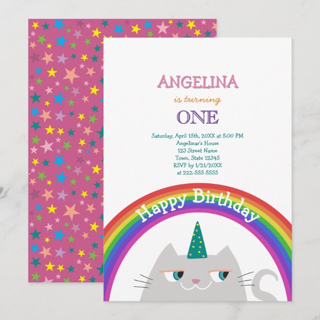Cute Cat Unicorn Girl 1st Birthday Invitation (Front/Back)