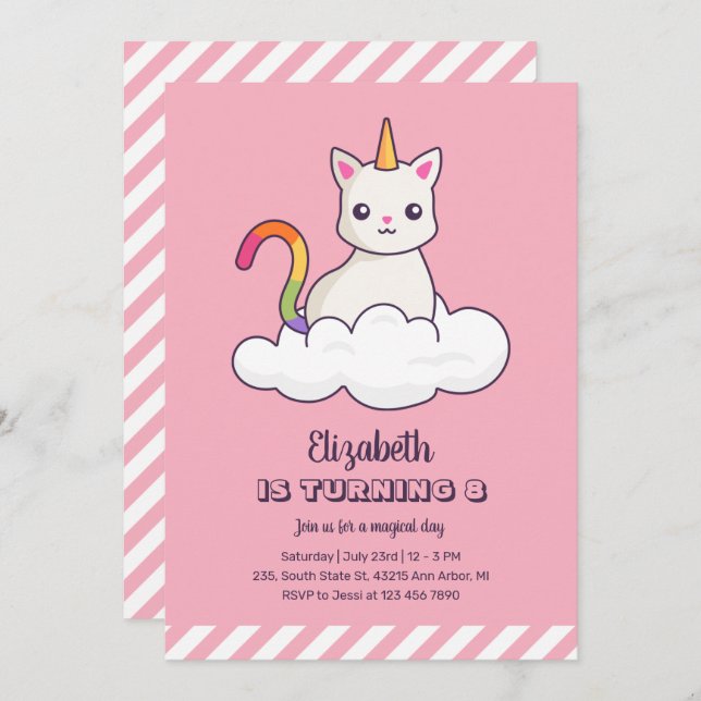 Cute Cat Unicorn on Cloud Girl Birthday Invitation (Front/Back)