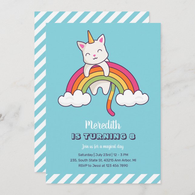Cute Cat Unicorn Rainbow Girl Birthday Invitation (Front/Back)