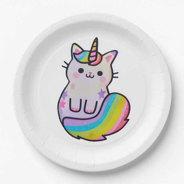 Cute cat unicorn rainbow paper plate (Front)
