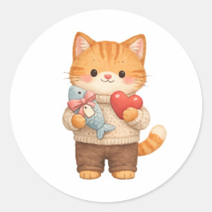 Cute Cat Valentine Kitten Holding Heart Gift Classic Round Sticker