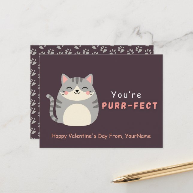 Cute Cat Valentine Pun Card – You’re Purr-fect (Front/Back In Situ)