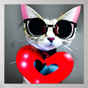 Cute Cat Valentine's Day Heart Blac Glasses Art Poster