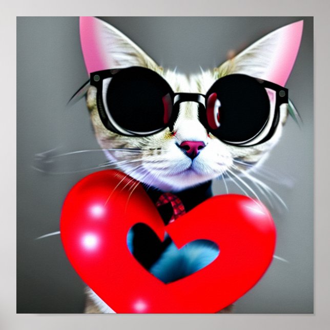 Cute Cat Valentine's Day Heart Blac Glasses Art Poster (Front)