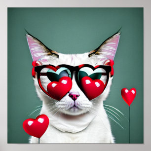 Cute Cat Valentine's Day Hearts Glasses Digital Poster
