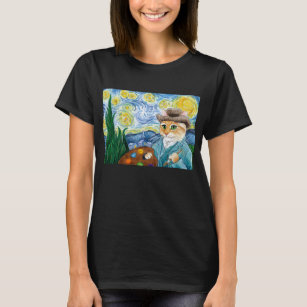 Cute Cat Van Gogh Starry Night artist spoof T-Shirt