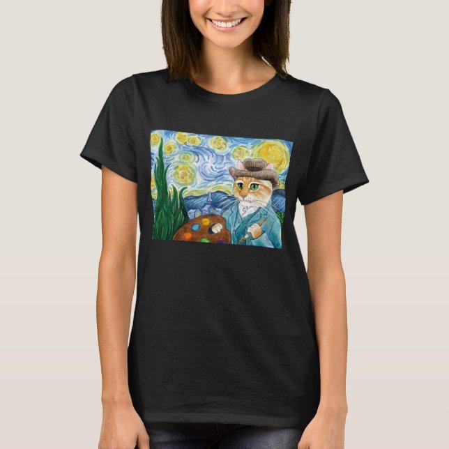 Cute Cat Van Gogh Starry Night artist spoof T-Shirt (Front)