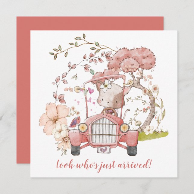 Cute Cat Vintage Car Girl Birth Announcement (Front/Back)