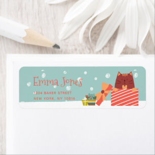 Cute Cat w Christmas Present Aqua Green Christmas  Return Address Label
