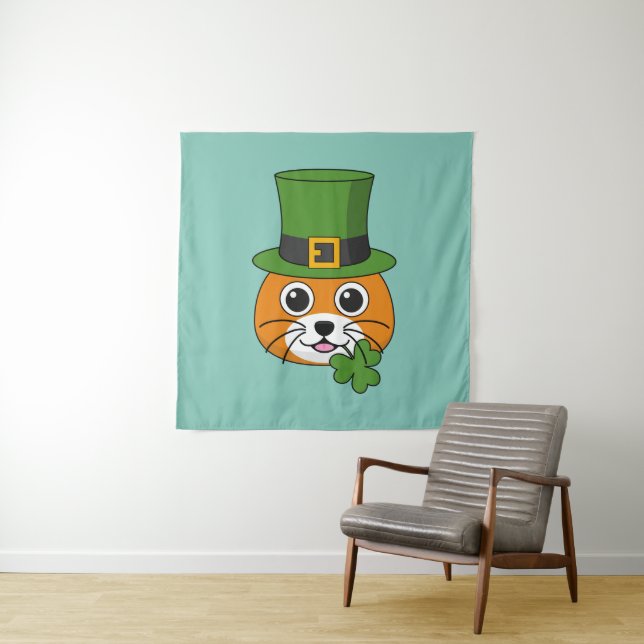 Cute Cat w Green Hat and Shamrock St Patrick's Tapestry (In Situ)