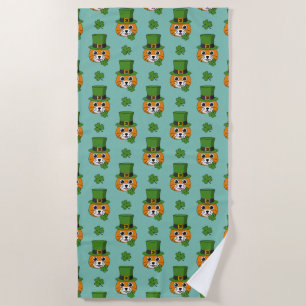 Cute Cat w Hat and Shamrock St Patricks's Pattern Beach Towel
