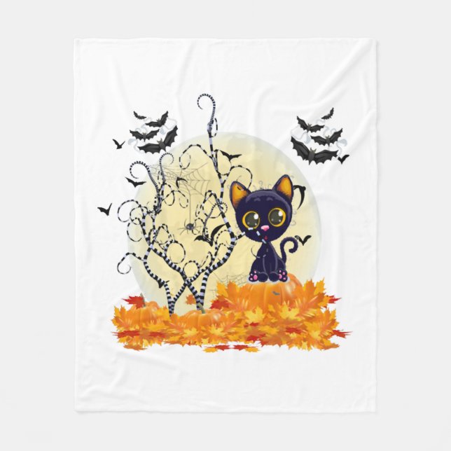 Cute Cat Waiting for Halloween Fleece Blanket (Front)