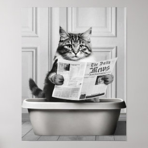 Cute Cat Wall Art, Black and White small Bathroom Poster