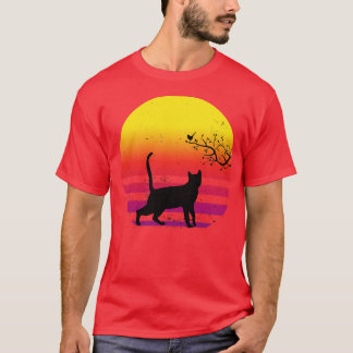 Cute Cat Watching Bird On Tree Vintage Retro Sunse T-Shirt