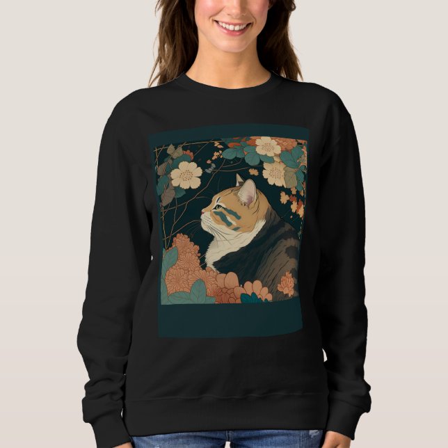 Cute Cat Watercolor Botanical Garden Aesthetic Cat Sweatshirt (Front)