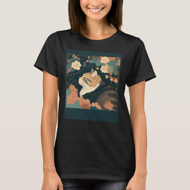 Cute Cat Watercolor Botanical Garden Aesthetic Cat T-Shirt (Front)