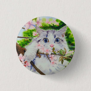 Cute cat watercolor painting 3 cm round badge