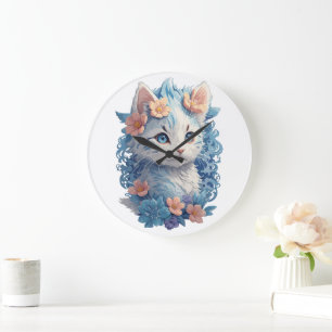 Cute Cat Watercolor Painting with Floral Splash Large Clock