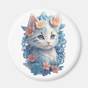 Cute Cat Watercolor Painting with Floral Splash Magnet