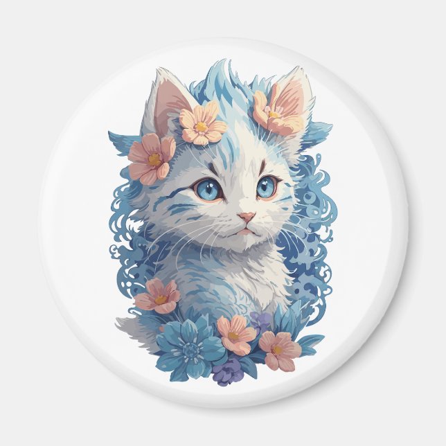 Cute Cat Watercolor Painting with Floral Splash Magnet (Front)