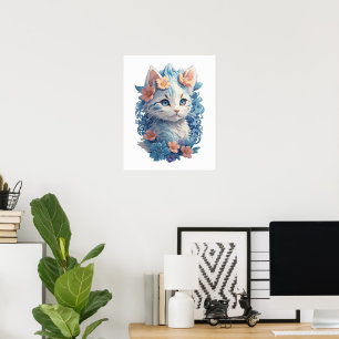 Cute Cat Watercolor Painting with Floral Splash Poster