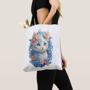 Cute Cat Watercolor Painting with Floral Splash Tote Bag