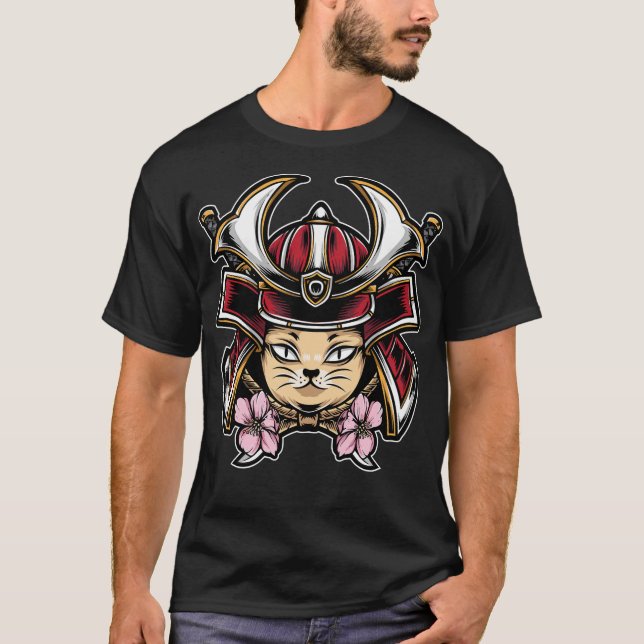 Cute cat wear samurai helmet T-Shirt (Front)