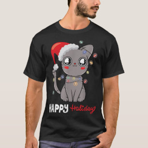 Cute Cat Wearing a Hat with Christmas Lights Happy T-Shirt