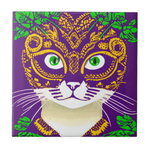 Cute Cat Wearing a Mardi Gras Mask Ceramic Tile